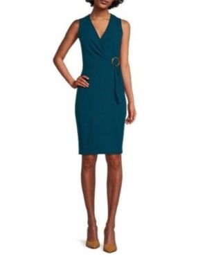 NWT CALVIN KLEIN Teal Blue Faux Wrap O-Ring Sleeveless Sheath | SZ 16